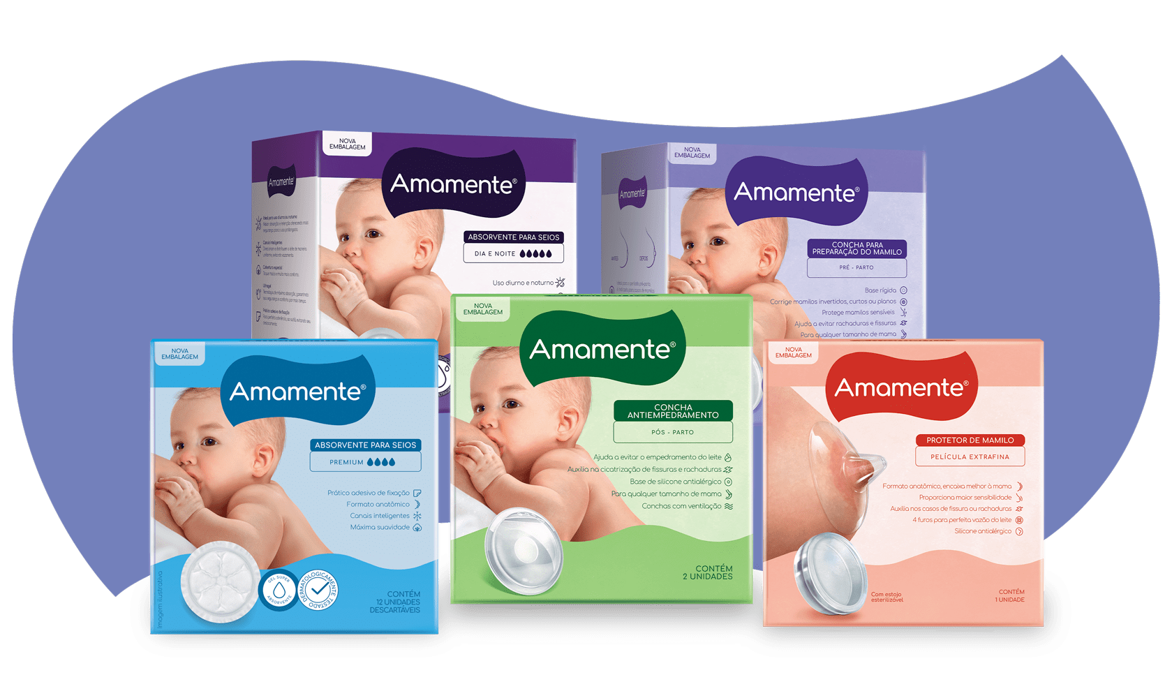 Fotos de diversos produtos da linha Amamente